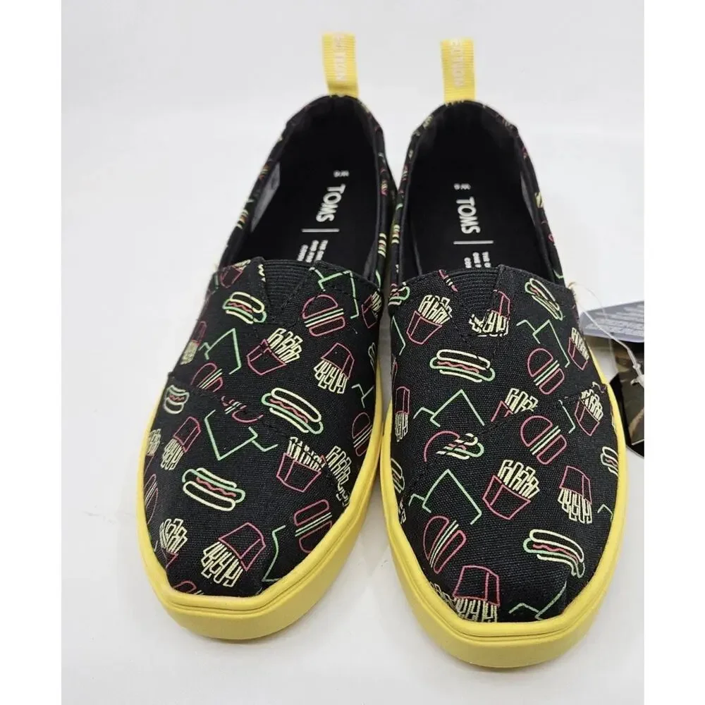 Toms Late Night Food Print Classic Canvas Shoe Ortholite Glow In The dark Size 7